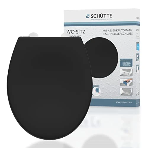 SCHÜTTE WC-Sitz BLACK mit Absenkautomatik und Schnellverschluss | Motiv Klodeckel mit Metallscharnieren | WC-Deckel und Klobrille bis 150kg | Universalgröße | Schwarz