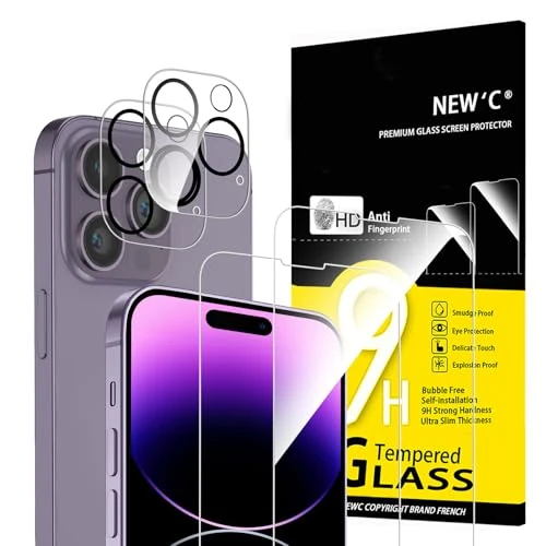 Oferta limitada: NEW'C 4 Pack, 2 x Protector Pantalla para iPhone 14 Pro Max y 2 x Protector Pantalla Protector de Lente de Cámara - Cristal Templado - Anti-Rayaduras - Ultra Resistente - Cristal Dureza 9H de 7.89 € a 7.89 € (ahorro 0.00%)