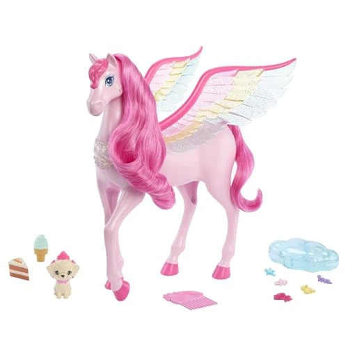 Barbie Un Tocco di Magia - Pegaso Rosa, pegaso magico cavallo alato con un cagnolino e 10+ accessori inclusi, criniera e coda rosa e ali arcobaleno, giocattolo per bambini, 3+ anni, HLC41
