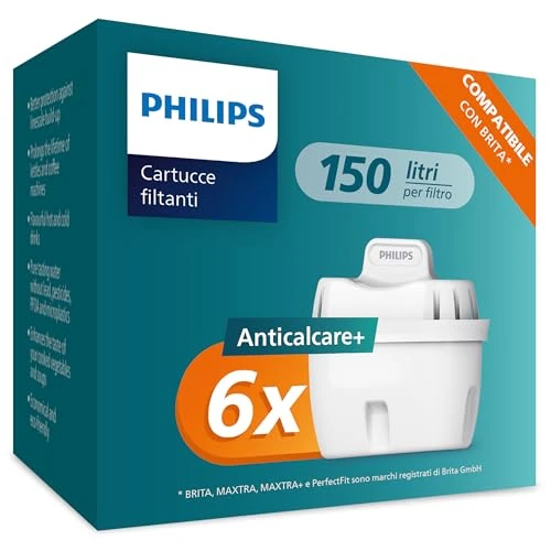 Philips Water Cartuchos de filtro de agua de repuesto Antical+, pack de 6 filtros, compatible con Brita, HASTA UN 50 % DE MAYOR REDUCCIÓN DE LA CAL