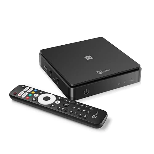 Offerta a tempo: TELE System ON T2 HD: Decoder digitale terrestre Android TV, Smart TV Upgrade, Tuner DVB-T2 HEVC HDR10+HLG, HDMI, SCART Adapter Incluso - Certificato Google - 25% da 59.99 € a 44.99 €