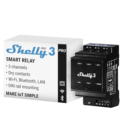 Shelly Pro 3 | WLAN & LAN 3-Kanal 3-Phasen Smart DIN-Schienen Relais Schalter - 48A | Alexa & Google Home | iOS Android App | Hausautomation | Lichtsteuerung | Fernsteuerung motorisiertes Ventil
