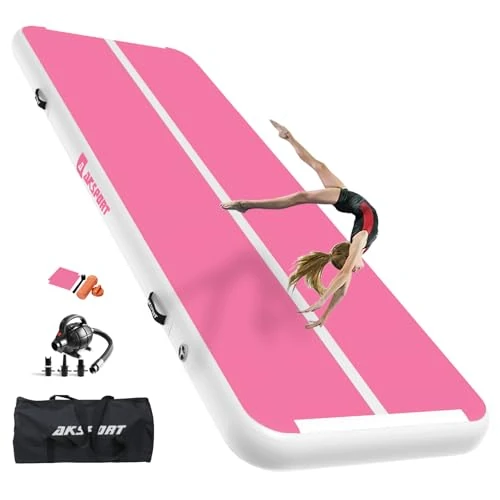 AKSPORT Air Track Tumbling Mat, 3/4/5/6 m Inflatable Gymnastics Mat Tumbling Mats 10/20 cm High with Air Pump for Home Tumbling Gym Training Cheerleading Double Pink