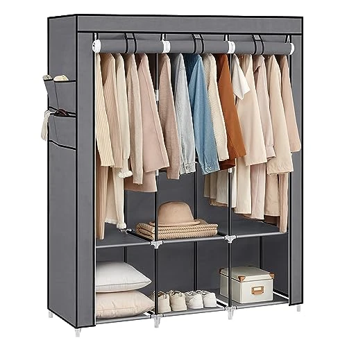 SONGMICS Armoire, Penderie avec 3 Tringles à Vêtements, Étagères, 4 Pochettes Latérales, en Tissu, Portant à Vêtements, 45 x 130 x 167 cm, Gris RYG092G02
