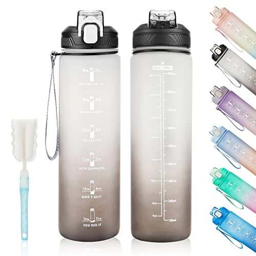 Limited offer: YC Kitchen Motivational Water Bottle with Time Marker- 32oz Water Bottles with Times to Drink, Leakproof & BPA Free Sports Water Bottle with Straw & Carry Strap for Fitness, Gym, and Outdoor Sports from 8.99 EUR to 8.99 EUR (save 0%)