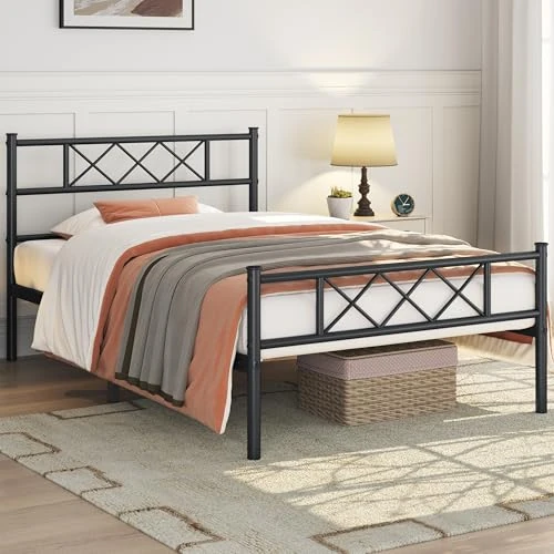 Offerta a tempo: Yaheetech Struttura Letto Singolo in Metallo Ferro con Testiera a Forma di X Telaio con Rete a Doghe per Camera Dormitorio 90 x 190 cm Nero - 38% da 65.99 € a 41.14 €