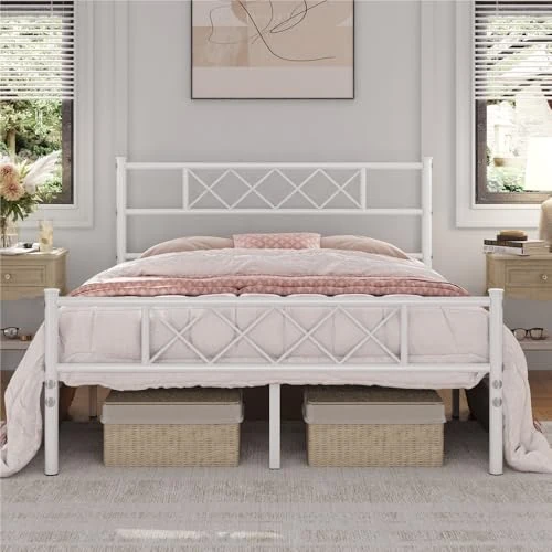 Offerta a tempo: Yaheetech Struttura Letto Matrimoniale in Metallo Ferro Testiera a Forma di X Telaio con Rete a Doghe per Camera Dormitorio 140 x 200 cm Bianco - 10% da 55.38 € a 49.96 €