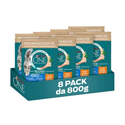 Purina One Bifensis Senior Croquettes pour Chats 11 + Poulet et céréales, 8 Paquets de 800 g