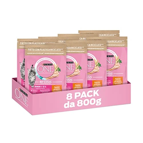 Purina One Bifensis Junior Croquettes pour Chats 1-12 Mois, Poulet et céréales, 8 Paquets de 800 g