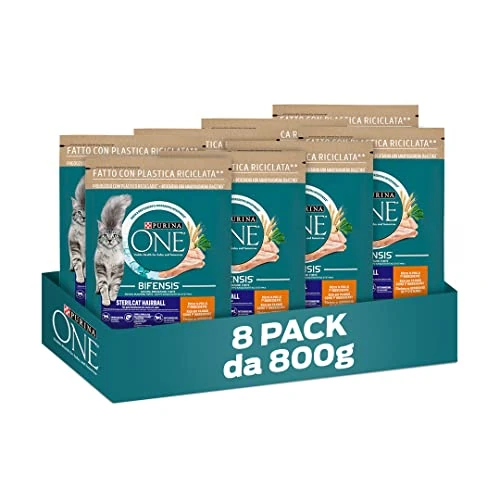 PURINA ONE Bifensis Sterilcat Hairball Food for Adult Cats Sterilised with Chicken and Whole Grain 8 Bags of 800 g