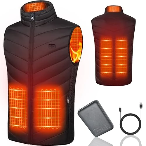 Verwarmd vest voor dames en heren, verwarmd vest, 10.000 mAh, elektrisch verwarmde jas met dubbele controller voor wandelen, jacht, Zwart, 3XL