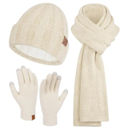 Damen Winter Warm Beanie Mütze Touchscreen Handschuhe und Lang Schal Set mit Fleece Gefütterte, Thermo Wintermütze Strickmütze Schals Winterhandschuhe Strickhandschuhe Frauen Geschenk, Aprikose