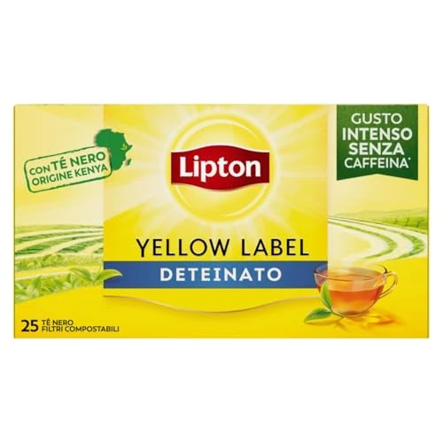 Lipton Yellow Label, Tè Nero Deteinato, Gusto Intenso ed Equilibrato, Ideale per Tutte le Occasioni, Confezione di Carta, Filtri Compostabili, 25 Filtri