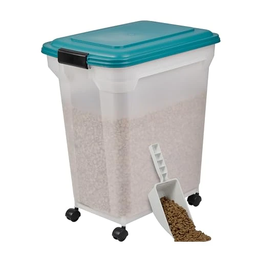 Iris Ohyama, Pet food Storage Container, Dog Storage, 4 Wheels & Scoop, 45L/15kg, BPA Free, Airtight, Teal Blue, W46 x D34 x H50.5cm, ATS-L