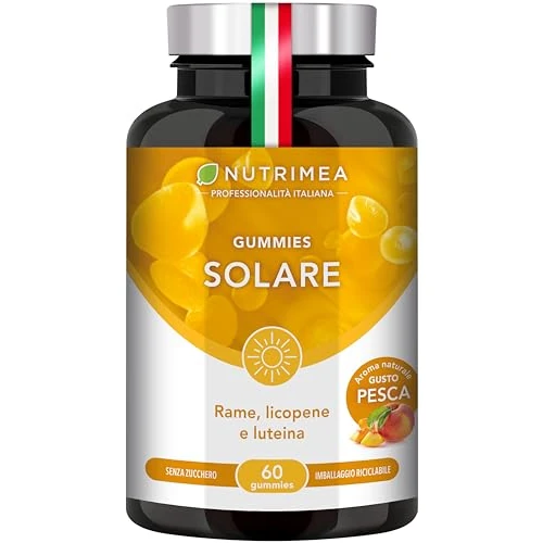 Gummies Solar | Bez cukru | Przygotowanie do opalania | Pigmentacja skóry | Miedź, likopen i Luteina | 60 wegańskich gummies | Smak brzoskwini