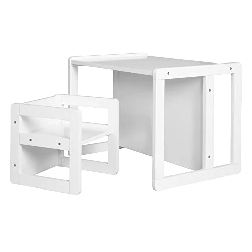Oferta limitada: roba Conjunto de Mesa y Silla Reversibles para Niños - 3 Alturas de Asiento - Mesa Convertible en Banco – De 9 Meses a 10 Años - Madera Lacada en Blanco de 92.47 € a 92.47 € (ahorro 0.00%)