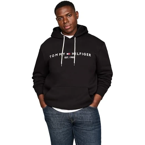 Tommy Hilfiger Men’s Logo Hoodie with Kangaroo Pocket, Black (Black), XXL