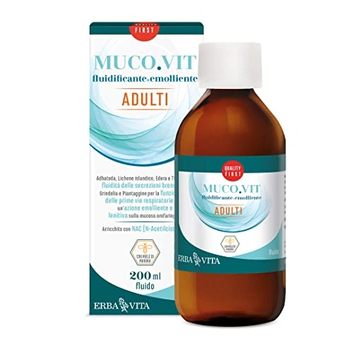 ERBA VITA Muco.Vit Adultos suplemento alimenticio para el bienestar de las vías respiratorias a base de Grindelia y enriquecido con N-Acetilcisteína – 200 ml