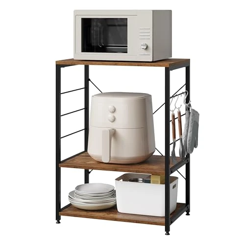 Limited offer: WOLTU Kitchen Storage & Organisation Shelf, Freestanding Kitchen Shelf Microwave Rack with 3 Compartments and 4 Hooks, Engineered Wood + Metal, 60 x 40 x 82cm, Rustic Brown from 64.99 EUR to 58.49 EUR (save 10%)