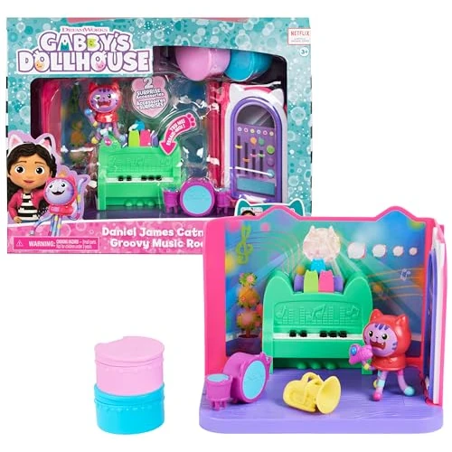 Gabby's Dollhouse, Groovy Music Room con personaggio Daniel James Catnip, 2 accessori, 2 mobili e 2 scatole con sorpresa, giocattoli per bambini dai 3 anni in su