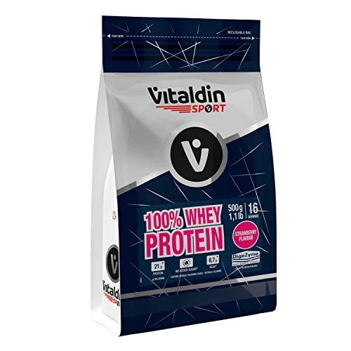 VITALDIN Sport 100% Whey Protein 500 g – 100% Whey Protein Powder with Digezyme – Muscle Building and Protection – Strawberry Flavour – 6.7 g BCAAs per Serving - No Added Sugars