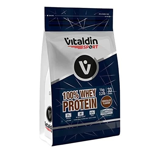 VITALDIN SPORT 100% Whey Protein Chocolate 1 Kg – 100% Molkeproteinpulver mit Digezyme – Muskelaufbau & Regeneration – Schokoladengeschmack – 6,5 g BCAA pro Portion - ohne Zuckerzusatz