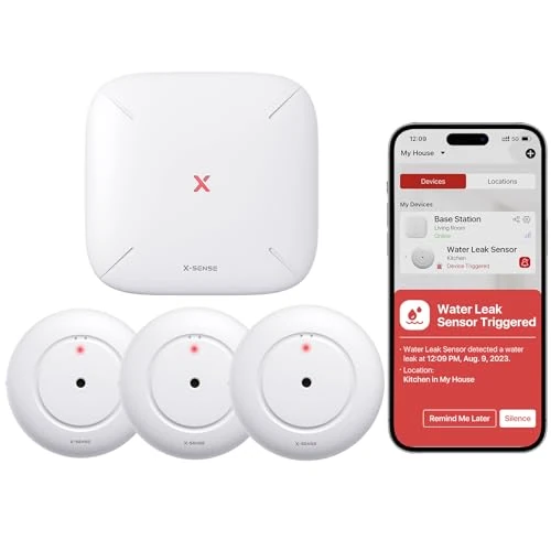 X-Sense Détecteur de Fuite d'eau Connecté avec Station de Base SBS50, Détecteur d'eau Wi-FI avec Alarme 110 DB, Portée Jusqu'à 500 m, Idéal pour Cuisines, sous-sols, Salles de Bains, SWS54