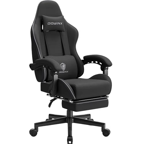 Offerta a tempo: Dowinx Sedia Gaming Gamer Ergonomica, Sedia da Ufficio Regolabile in Tessuto Nero con Cuscino a Molle, Supporto per Testa e Poggiapiedi, Nero/Standard - 15% da 159.99 € a 135.37 €
