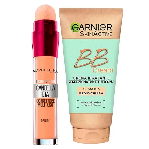 Offerta a tempo: Garnier Skinactive BB Cream Crema Viso Idratante Perfezionatrice Tutto in 1 SPF25 Tonalità Medio-Chiara + Il Cancella Età Correttore Liquido Multiuso Colore 02 Nude con Applicatore a Spugnetta - 6% da 24.99 € a 23.59 €