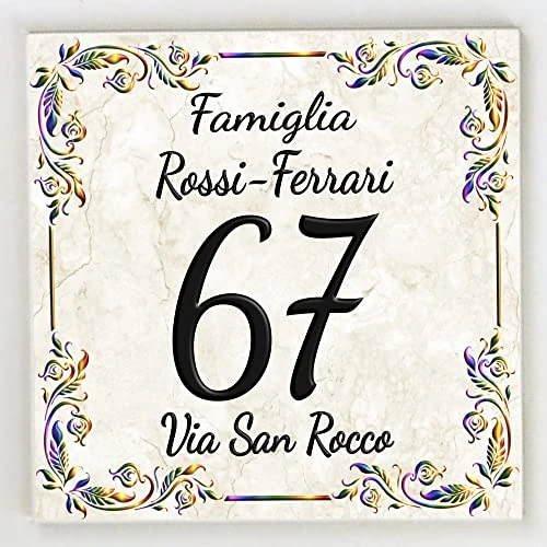 Numero Civico in Ceramica, Targa Decorativa PERSONALIZZABILE,Numero Civico su Mattonella in Ceramica 11x11cm, 15x15cm, 20x20cm con Indirizzo e Nome Famiglia Personalizzato,Numeri Civici Moderni.