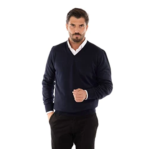 Ciabalù Herren-Winterpullover aus Merinowolle, hergestellt in Italien, Regular Fit, Übergröße, Pullover mit V-Ausschnitt, blau, XL