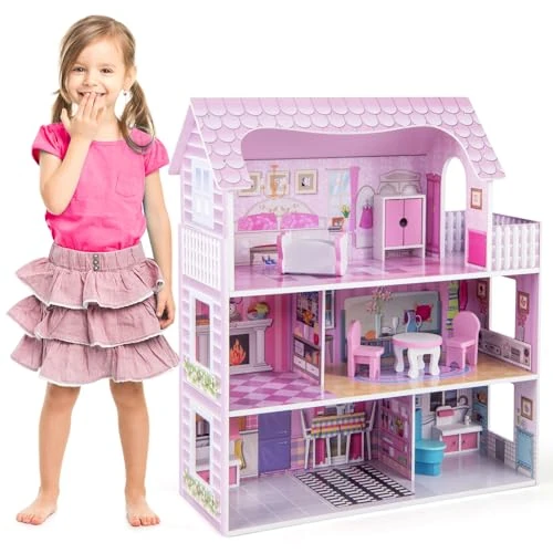 Offerta a tempo: RELAX4LIFE Casa delle Bambole in Legno, 3 Piani, 5 Stanze, Mobili Rimovibili, Design Multicolore, Giocattolo Educativo per Bambini, 61 x 26,5 x 71 cm - 0% da 63.99 € a 63.99 €