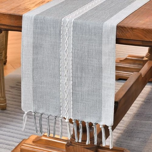 Offerta a tempo: Wracra Runner da tavola in Lino e Cotone con Ricamo, Runner da Tavolo Grigio da Esterno per Interni in Stile casalingo 180cm con Nappe a Mano per Decorazioni di Cucina per Sala da Pranzo di Partito - 20% da 14.95 € a 11.96 €