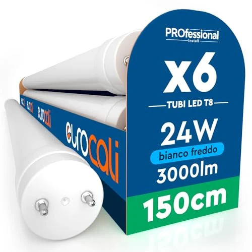 Offerta a tempo: Eurocali 6 Tubi LED 24W 150cm T8 G13 SMD con Starter 3000 Lumen Garanzia 3 Anni - Luce Fredda 6500K - Alta Luminosità 125 lm/W - Materiale Nano Plastic Sostituzione Neon per Soffitto Garage Negozio - 20% da 58.99 € a 47.48 €