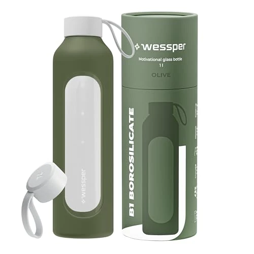 Limited-time offer: Wessper Drinkmotivation Borosilicate Glass Bottle with Time Markings 1 Litre Airtight Drinking Bottle Glass with Bamboo Lid 1 Litre Reusable with Silicone Cover Olive (WES260) from 32.70 £ to 21.89 £ (save 33.06%)