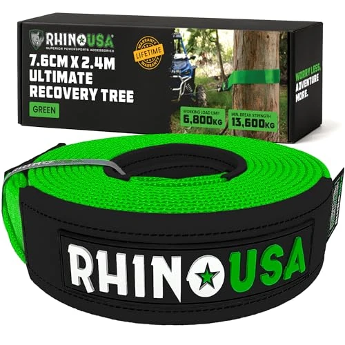 Rhino USA Recovery Tree Saver Tow Rope 7.6 cm x 2.4 m - 13,600 kg Min Break Strength - Triple Reinforced Heavy Duty Straps - Emergency 4x4 Off Road Recovery Accessories - Green