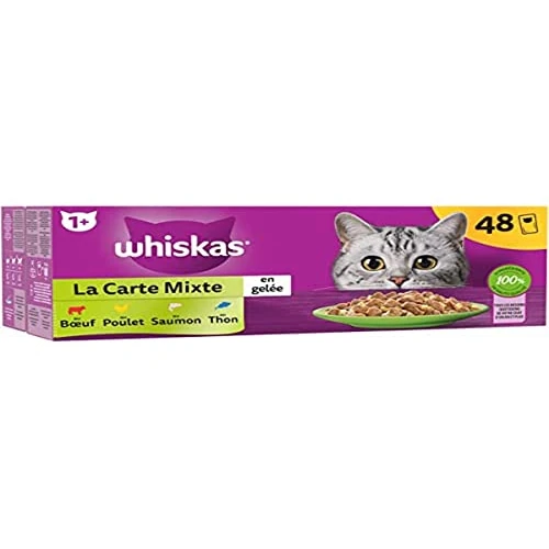 WHISKAS Repas - 48 Sachets Fraîcheur - La Carte Mixte (4 variétés) - Pâtée pour Chat Adulte en Gelée – Nourriture Humide Complète & Equilibrée, Adaptée aux Chats Stérilisés