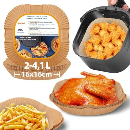 Limitiertes Angebot: HONYAO Backpapier für Heißluftfritteuse 2-4,1 L, 100 Stück Quadrat 16x16 cm Air fryer Baking Papier Liners Antihaft Einwegpapier Zubehör kompatible mit Philips Cosori Xiaomi Airfryer von 9.99 EUR auf 7.30 EUR (Spare 27%)
