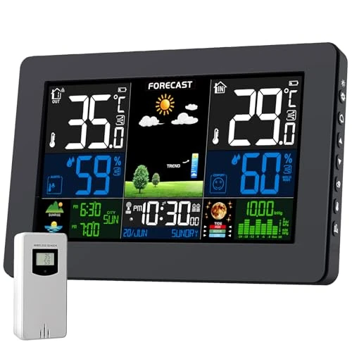 Offre limitée : Station Météo Avec Capteur Extérieur, DCF Écran LCD Sans Fil Coloré Météorologique Numérique Baromètre Phase de Lune Alarme Réveil Météo Prévision Rétroéclairage Réglable de 46.99 € à 46.99 € (0.00% de remise)
