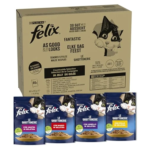 FELIX Le Ghiottonerie - Cibo Umido per Gatti Adulti, Bocconcini in Gelatina con Manzo, Pollo, Anatra e Agnello, 80 Bustine da 85 g