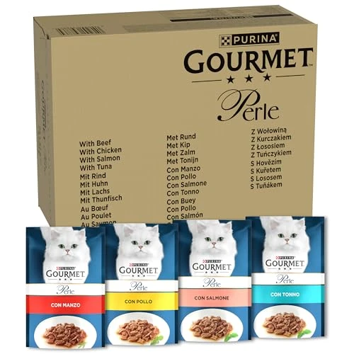 Offerta a tempo: GOURMET Perle - Cibo Umido Gatto Adulto, Filettini in Salsa con Manzo, Pollo, Salmone, Tonno. 96 Buste da 85 g - 31% da 61.99 € a 42.99 €