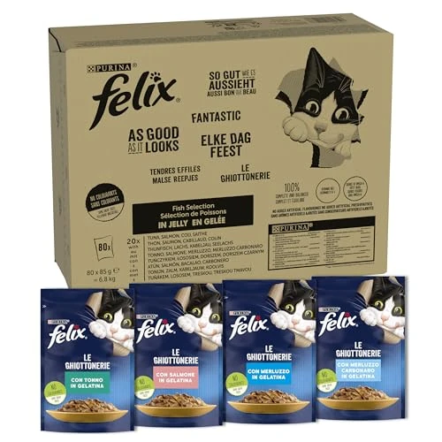 Purina Felix Le Ghiottonerie Aliments humides pour Chats avec Thon, Saumon, morue, morue, morue Noire Lot de 80 enveloppes de 85 g