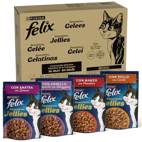 Offerta a tempo: FELIX Sensations Jellies Cibo Umido per Gatti Adulti Bocconcini in Gelatina con Anatra e Spinaci, Agnello e Selvaggina, Manzo e Pomodoro, Pollo e Carote 80 Bustine da 85 g cibo per gatti - 22% da 36.99 € a 28.99 €