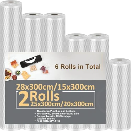 Vacuümzakken, 6 rollen, vacuümfolie, 15/20/20/25/25/28 x 300 cm (18 m), professionele folierollen voor levensmiddelen, BPA-vrij, sterk en scheurvast, voor alle vacuümmachines en sous vide vrieszakken