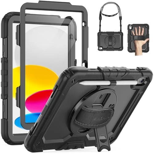 Tijdelijke aanbieding: SEYMAC Hoes voor iPad (A16) 11e/10e Generatie 2025/2022 (11/10,9 inch) - Schokbestendige Tablet-Hoes met Schermbeschermer, 360° Draaibare Standaard en Handriem, Schouderband en Pennenhouder- Zwart van 35.99 € naar 29.99 € (17% korti