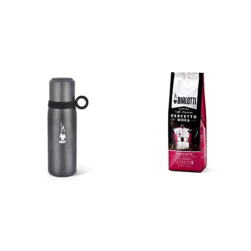 Offerta a tempo: Bialetti To Go Bottiglia Termica con Coperchio-Tazza, con Doppia Parete, Mantiene Il Caldo per 12 h e Il Freddo per 24 h, Capacità 460 ml, Acciaio, Grigio Scuro & Perfetto Moka Caffè Macinato - 48% da 40.32 € a 20.80 €