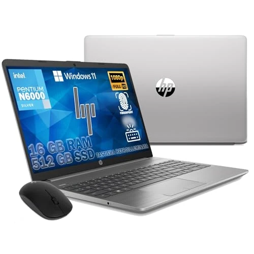 HP 250 G9 Notebook 2024 Ultra Quiet, RAM 16GB, SSD 512GB, FullHD 15.6" Display, Intel N6000 4 Core 3.3 GHz, Backlit Keyboard, Touch Id, Win 11 Pro, Libre Office, Ready to Use
