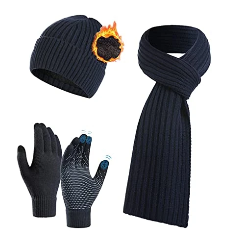 QUNERY Wintermuts, sjaal, handschoenen, set van 3, gebreide muts, gebreide muts, touchscreen-handschoenen met anti-slip deeltjes, sporthandschoenen voor winteraccessoires voor heren en dames, Navy blau, Eén maat