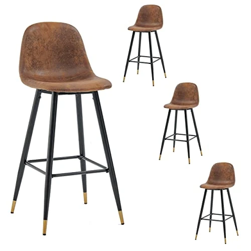 Offerta a tempo: MEUBLE COSY Set di 4 Sgabelli da Bar con Poggiapiedi Altezza di 76cm e Schienale Sedia Alta Cucina Vintage Pelle Scamosciata Gambe in Metallo, Nero e Oro - 0.00% da 319.99 € a 319.99 €