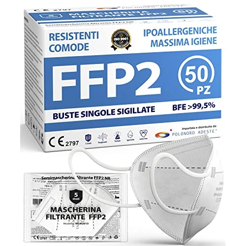 Polonord Adeste 50 gezichtsmaskers FFP2 met 5 lagen zonder ventiel in een enkele zak, gecertificeerd CE 2797 en voldoen aan de norm UNI EN 149:2001+A1:2009, wit